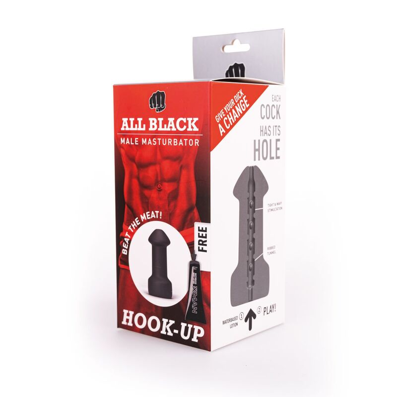 Rot-weiße Verpackung des All Black Male Masturbators Hook-Up mit Produktabbildung.