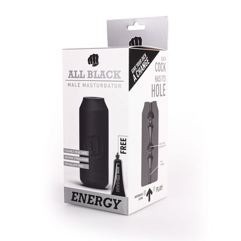 Eine weiß-schwarze Verpackung für den All Black Male Masturbator 'Energy' mit Gratis-Gleitmittel.