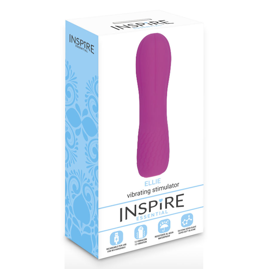 Verpackung eines violetten 'Ellie' Vibrators mit Markenlogo und blauen Mustern.