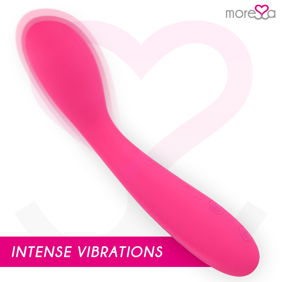 Un vibrador rosa sobre fondo blanco con un gran corazón y el texto INTENSE VIBRATIONS.