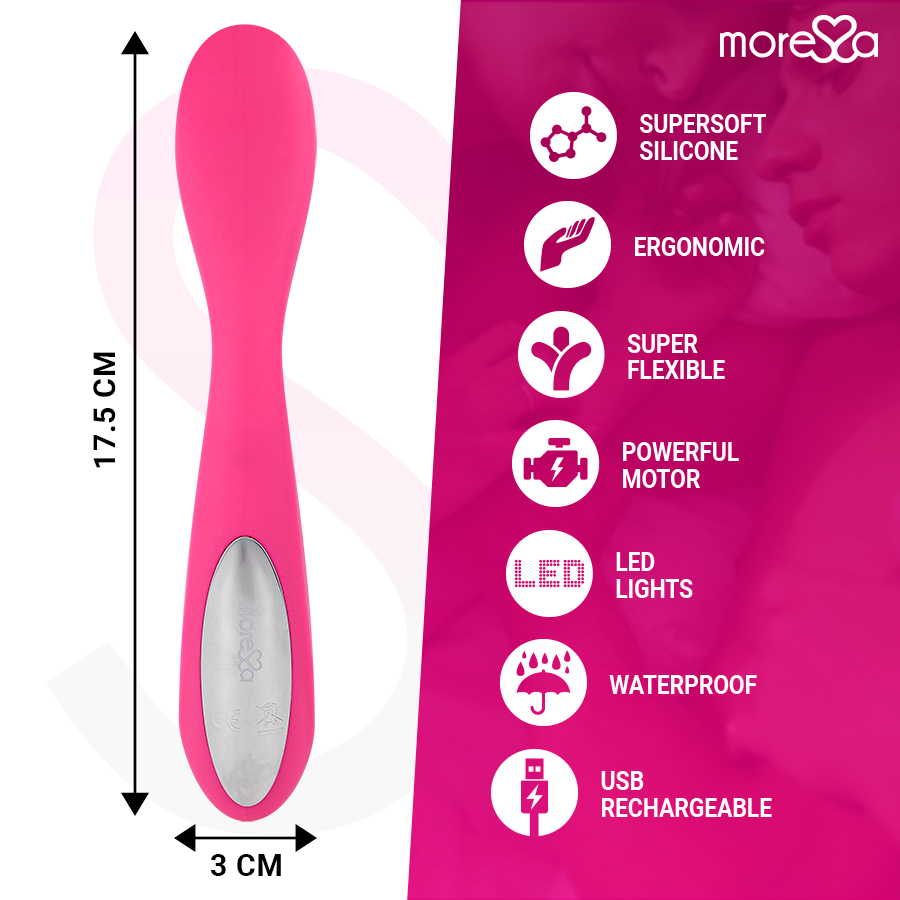Vibrador rosa y ergonómico con dimensiones (17.5 x 3 cm) y características como silicona y carga USB en magenta.