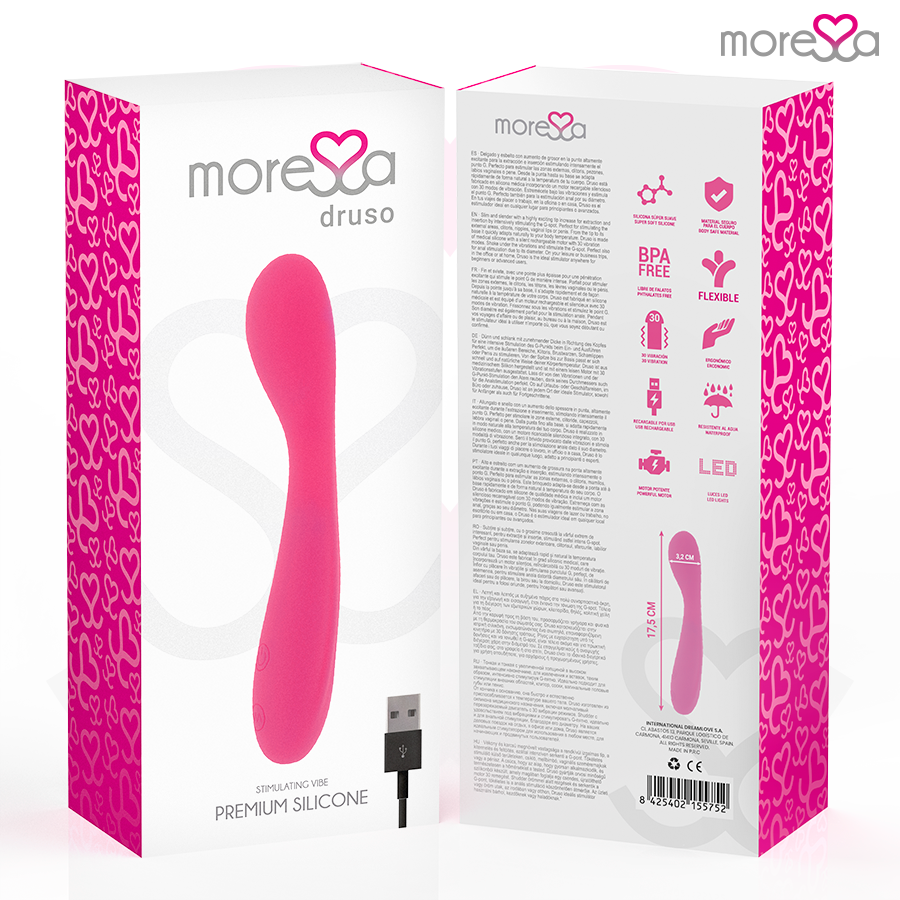 Vibrador de silicona rosa en empaque blanco y rosa con información del producto.