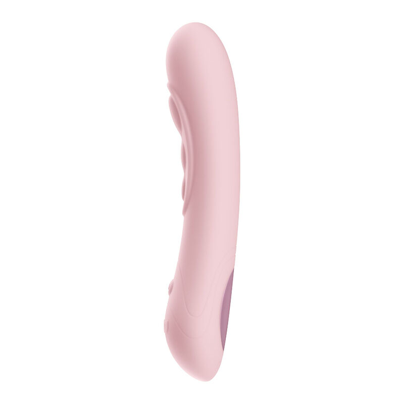 Ein glattes, rosafarbenes Wellness-Gerät in gebogener Form auf weißem Hintergrund.