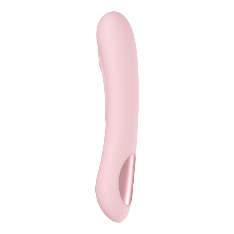 Ein glatter, rosa Vibrator mit einer geschwungenen Form und einem metallisch glänzenden Roségold-Knopf unten auf weißem Grund.