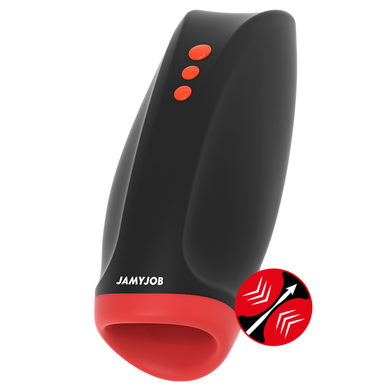 Ein schwarz-rotes Jamyjob Sexspielzeug mit drei roten Knöpfen und einem Kompressionssymbol auf weißem Hintergrund.
