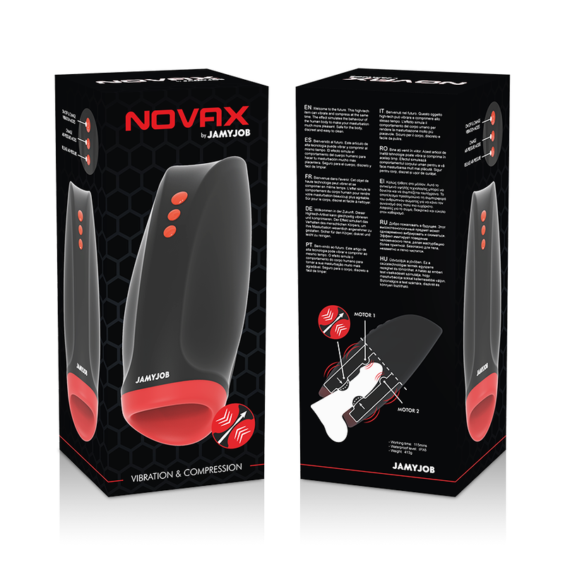 Schwarze und rote Verpackung für ein Novax Jamyjob Vibrations- und Kompressionsspielzeug mit mehrsprachigem Text.
