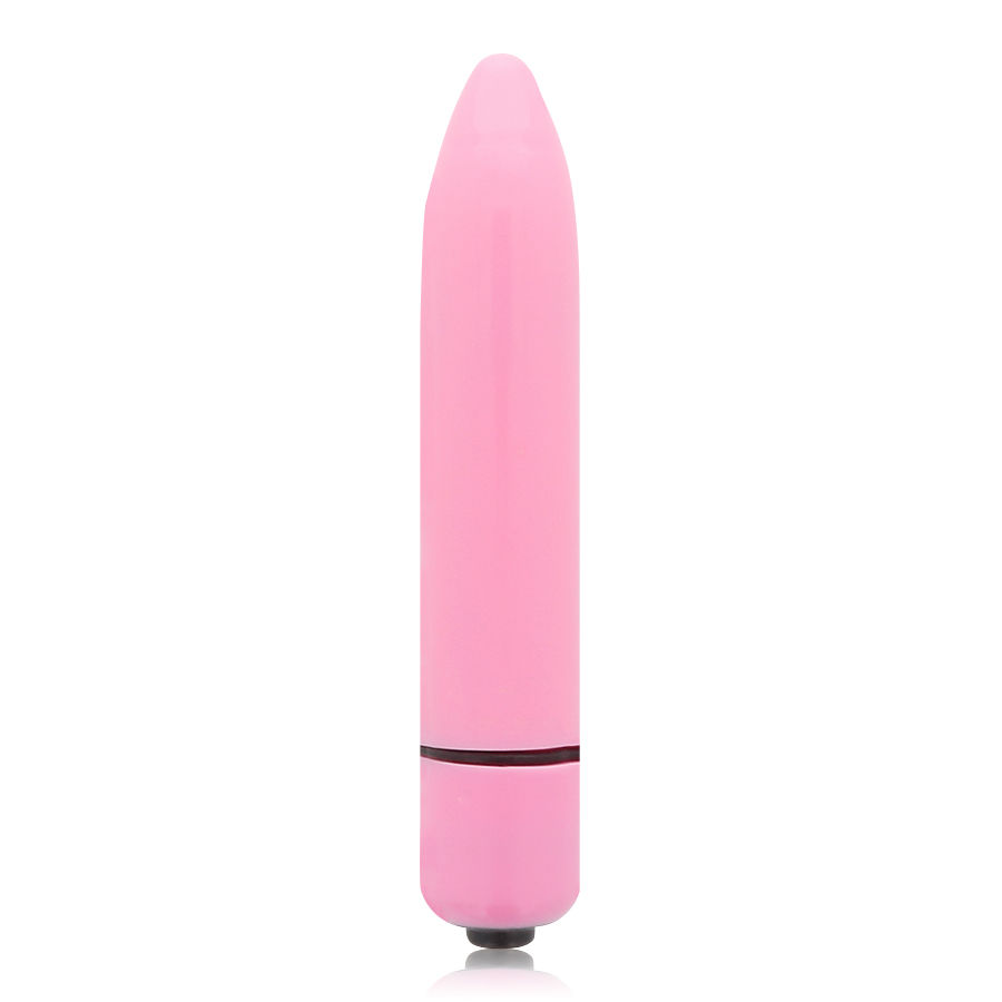 Ein glatter, rosa Kapselvibrator mit runder Spitze steht aufrecht vor weißem Hintergrund.