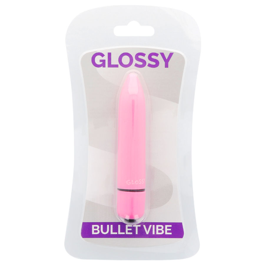 Verpackter pinker Bullet-Vibrator der Marke Glossy in Blisterverpackung.