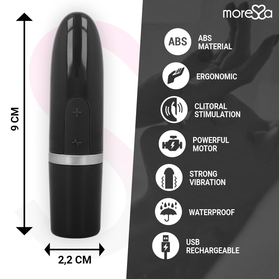 Vibrador negro de 9 cm con botones y iconos de características.