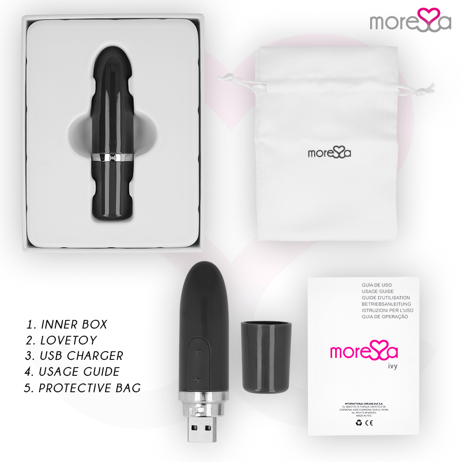 Un producto de bienestar negro con caja, cargador USB, bolsa y manual sobre fondo claro.