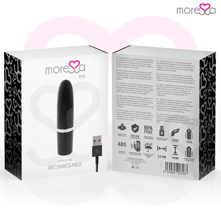 Empaque y producto del vibrador labial Morea Ivy sobre un fondo de corazón rosa.