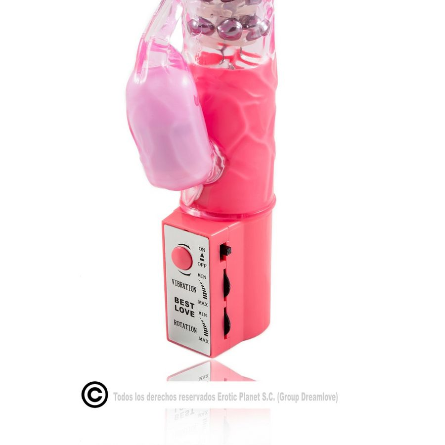 Juguete sexual rosa con interruptores de control y texto.