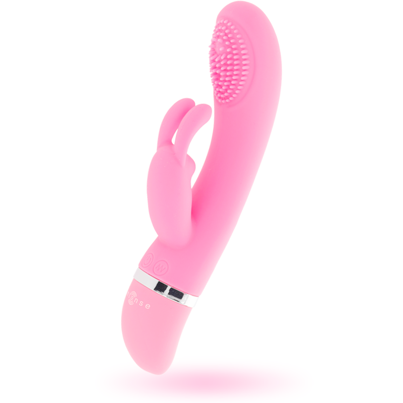 Un vibrador de conejo de silicona rosa con punta texturizada y doble eje, aislado sobre fondo blanco.