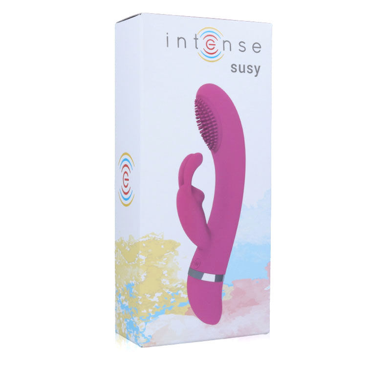Caja blanca con un vibrador morado 'intense susy' ilustrado en el frente.