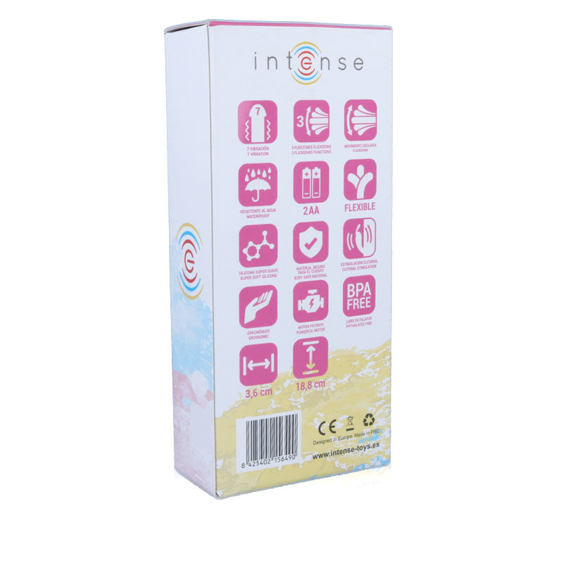 Caja de producto blanca con iconos de características rosas, código de barras y dirección web.
