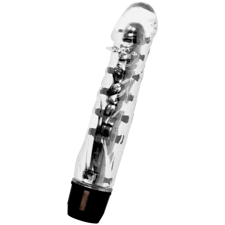 Transparenter, strukturierter Dildo mit einer silbernen Innenachse auf weißem Hintergrund.