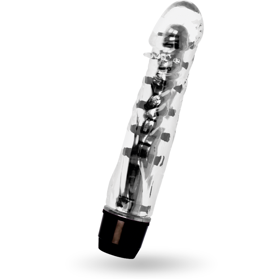 Ein klarer, strukturierter Silikon-Dildo mit schwarzem Sockel auf weißem Hintergrund.