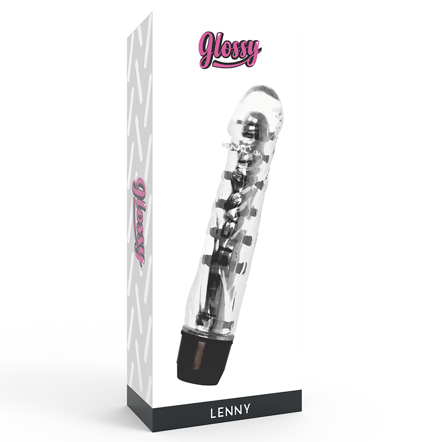Transparenter Silikonvibrator mit schwarzem Griff in weißer Verpackung mit rosa Glossy-Logo.