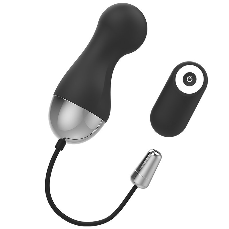 Schwarzer, ergonomischer Silikonvibrator mit Chromakzenten und einer separaten schwarzen Fernbedienung.
