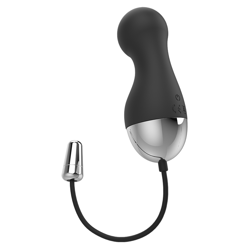 Ein schwarzes und silbernes Massagegerät mit kurviger Form und einem gebogenen Stab, der in einer kleinen Kappe endet.