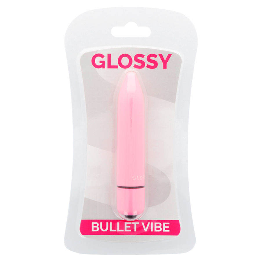 Un vibrador bala rosa brillante en su empaque original transparente con letras rosadas.