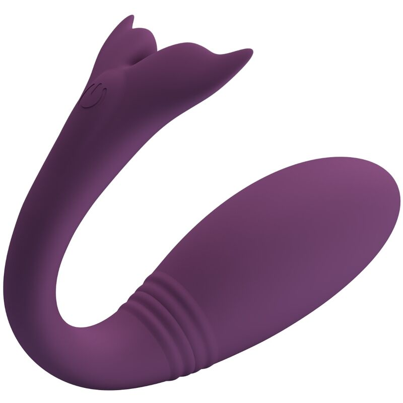 Un juguete sexual de silicona morada con diseño curvo y una sección estriada sobre fondo blanco.
