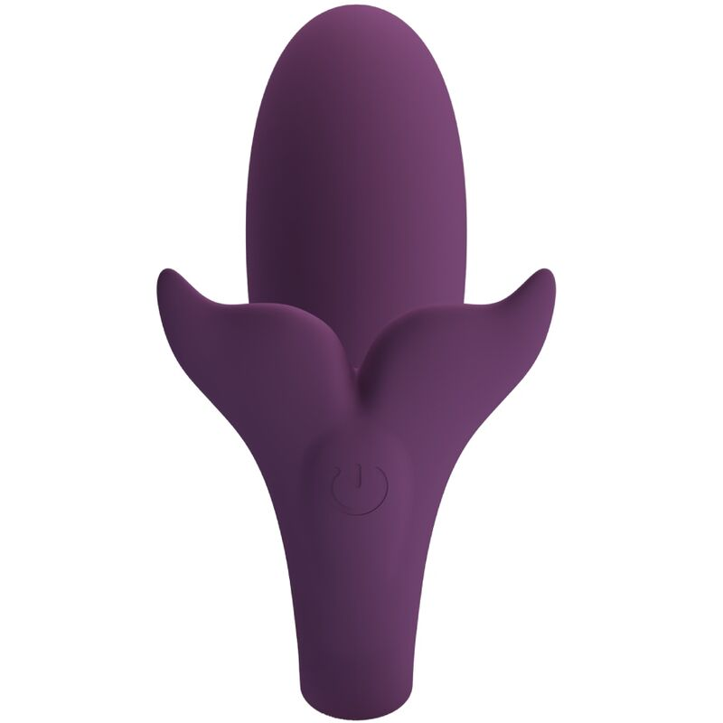 Un producto de bienestar de color púrpura en forma de tulipán con un botón de encendido integrado sobre fondo blanco.