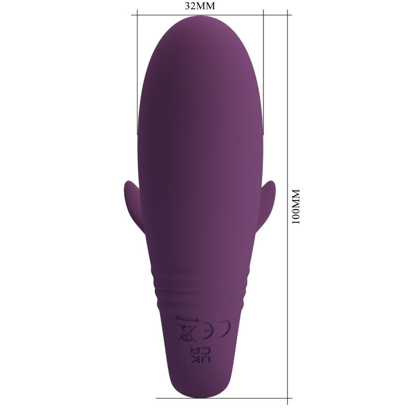 Juguete ergonómico morado de 32 mm de ancho y 100 mm de alto sobre fondo blanco.