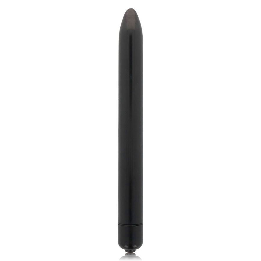 Ein schlanker, glänzender schwarzer Vibrator steht aufrecht auf weißem Hintergrund.