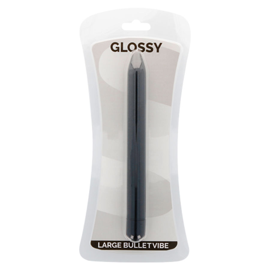 Verpacktes GLOSSY Large Bullet Vibe in schwarzer Farbe in einem Blister.