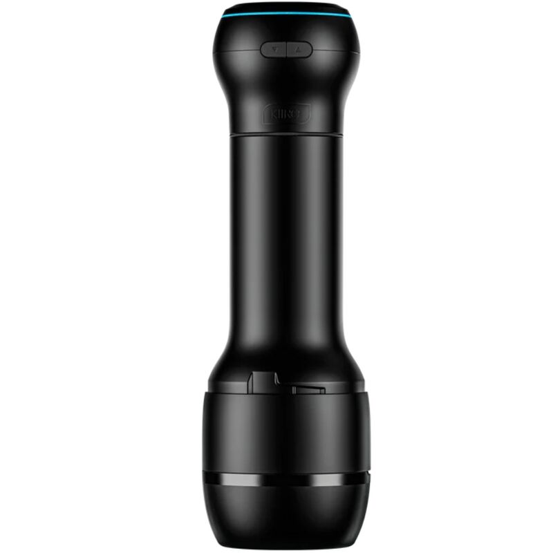 Un dispositivo tecnológico negro y elegante con luz LED azul y botones de control en la parte superior.