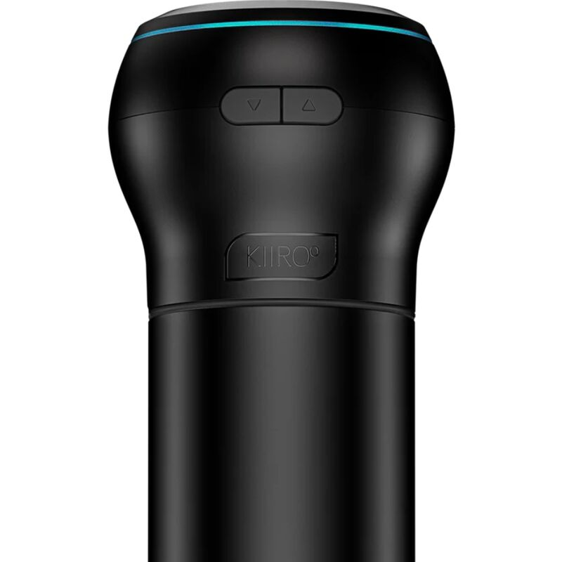 Un dispositivo Kiiroo negro con dos botones, un anillo cian brillante arriba y el logotipo de la marca.