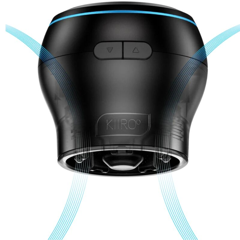 Un dispositivo negro Kiiroo con dos botones de control y anillos de luz azul, emitiendo líneas azules curvas.