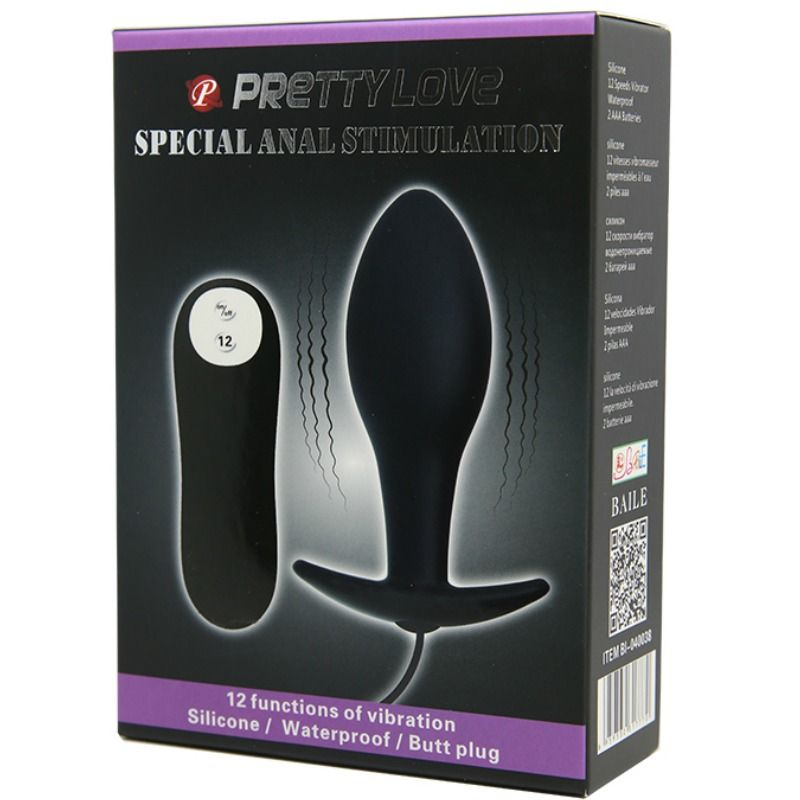 Eine schwarze Schachtel für das Pretty Love Spezial-Analll-Stimulationsgerät mit Produktbildern und Text.