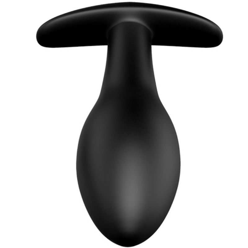 Ein glattes, schwarzes Wellness-Accessoire in T-Form mit einer birnenförmigen Basis auf weißem Hintergrund.