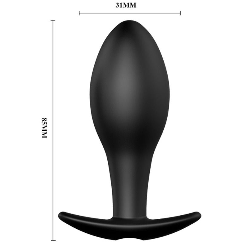 Ein schwarzer Plug mit ausgestelltem Fuß, 85 mm hoch und 31 mm breit, vor weißem Hintergrund.