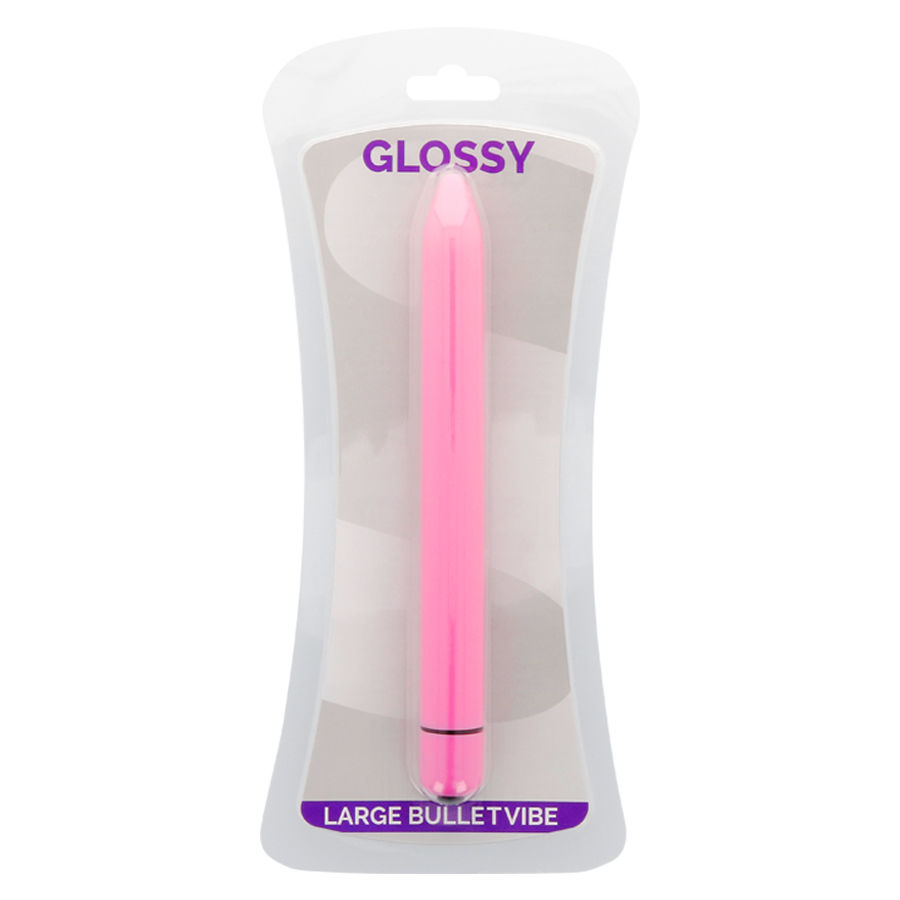 Ein pinker Glossy Large Bulletvibe in Originalverpackung auf weißem Hintergrund.