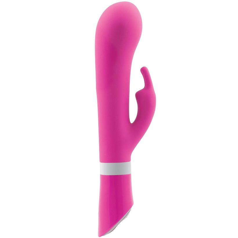Un vibrador rosa brillante con una banda blanca sobre un fondo blanco.