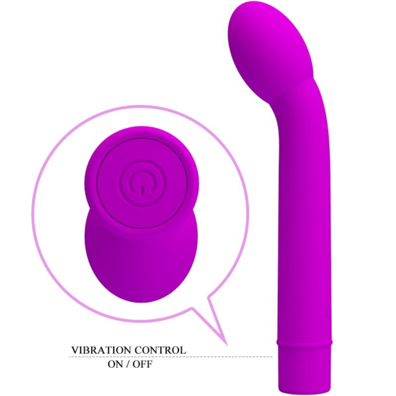 Ein lila geschwungener Vibrator mit rundem Ein-Knopf-Bedienfeld auf weißem Hintergrund.