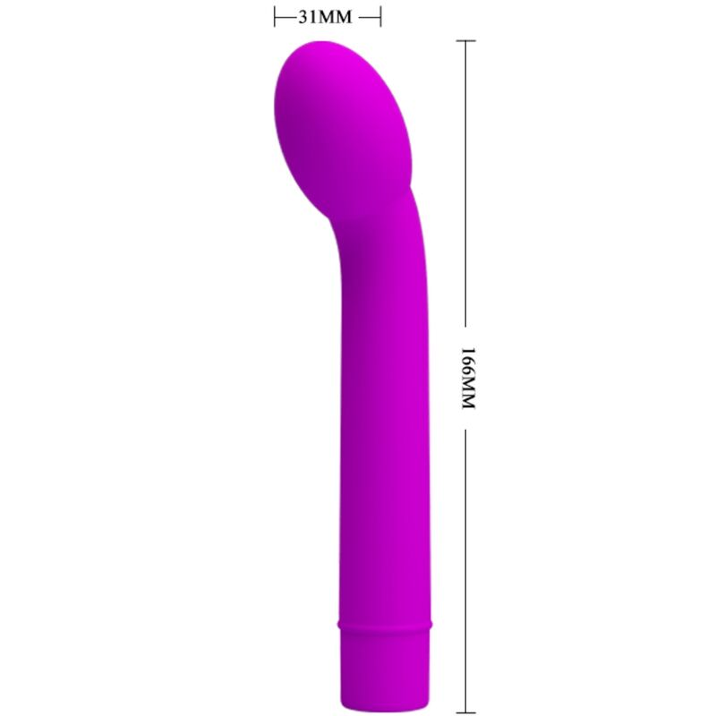 Violetter Vibrator mit Größenangaben: 31 mm Kopfbreite und 166 mm Gesamtlänge.