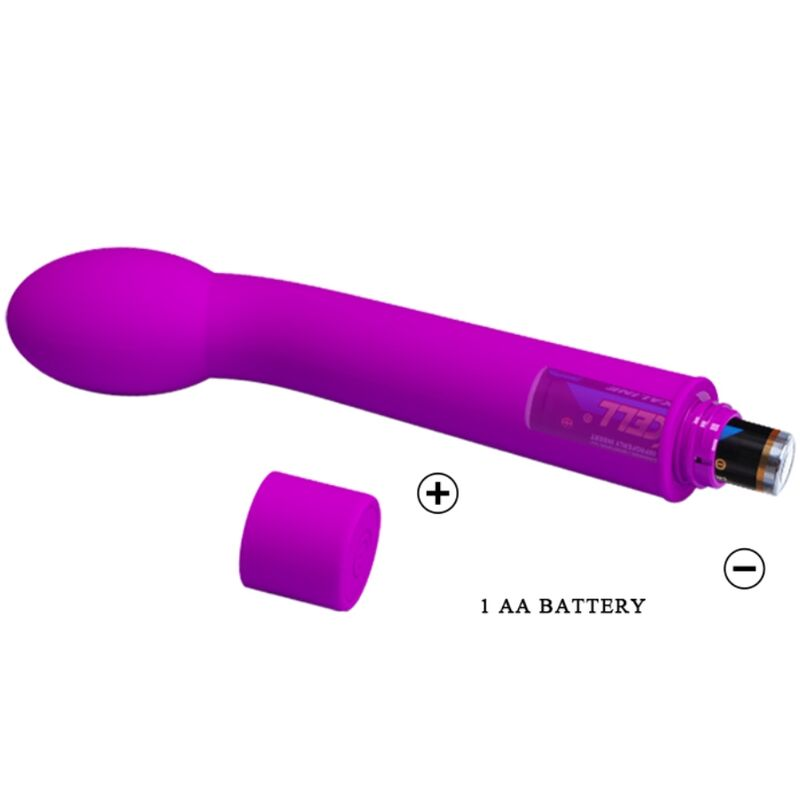 Ein lilafarbener Vibrator mit abgenommenem Batteriefachdeckel zeigt eine AA-Batterie im Inneren auf weißem Hintergrund.