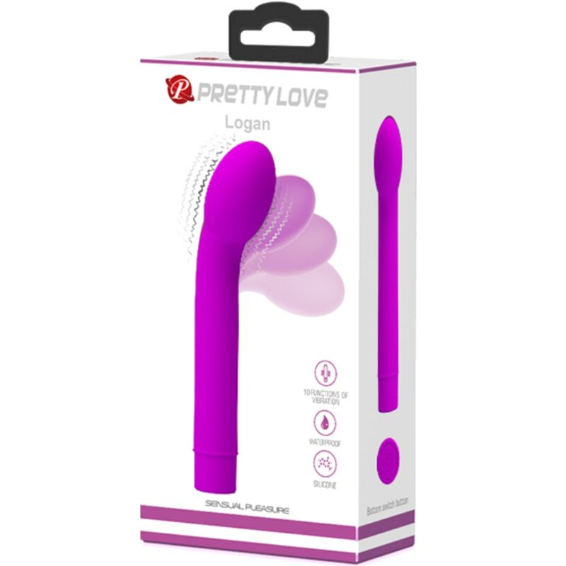 Verpackung eines violetten Logan-Vibrators mit Funktionssymbolen.