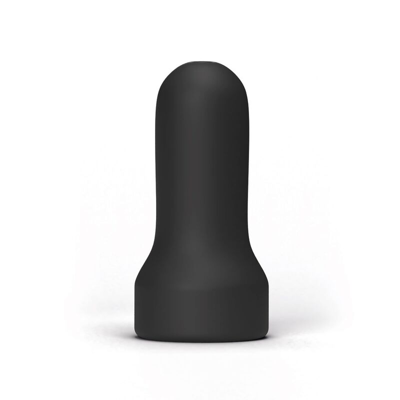 Un objeto cilíndrico negro con punta redondeada y base más ancha, sobre un fondo blanco.