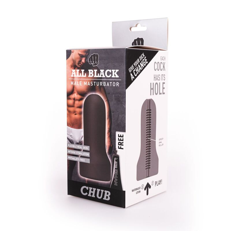 Embalaje del masturbador All Black Chub con características, torso musculoso y loción.