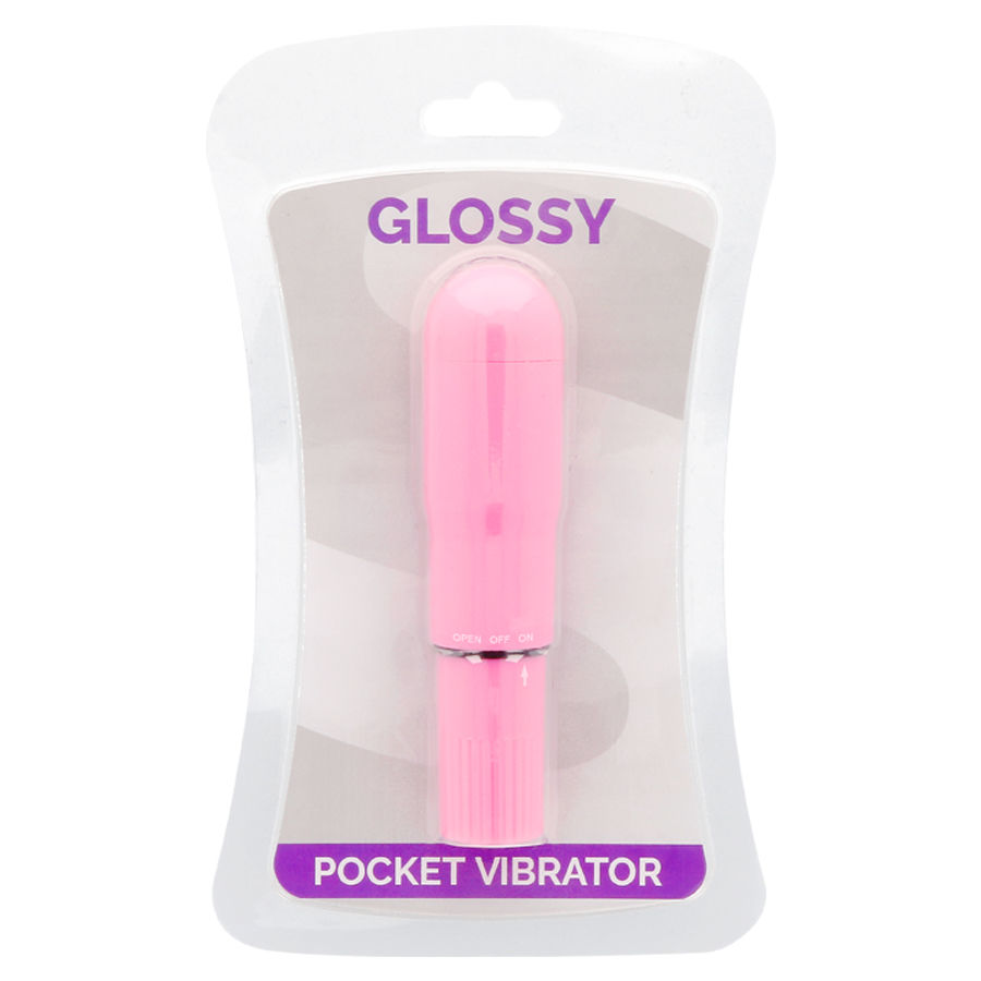 Ein rosafarbener Glossy Taschenvibrator in transparenter Plastikverpackung mit Markennamen und Produkttitel.