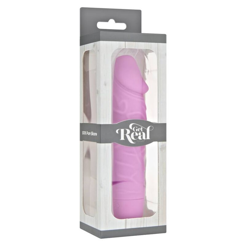 Lila Silikon-Dildo in weißer Holzmuster-Schachtel mit Get-Real-Logo.