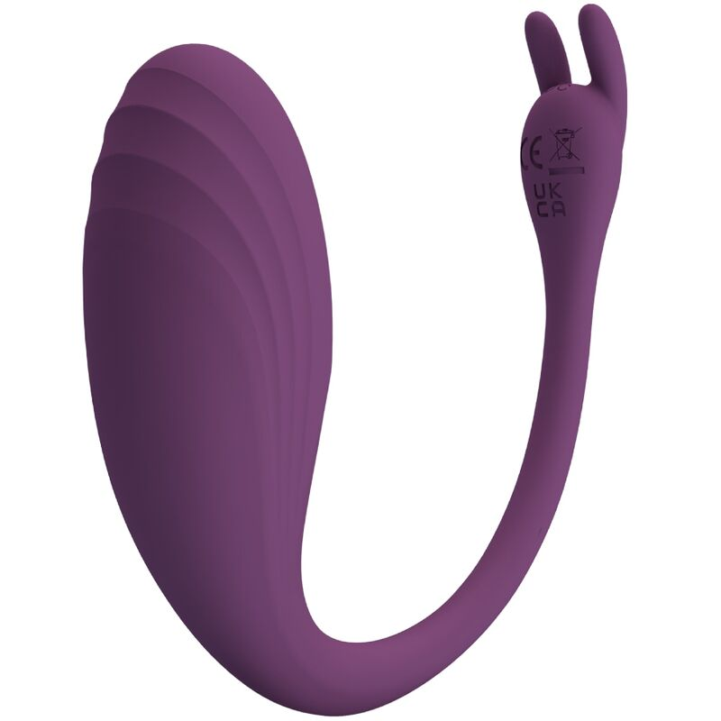 Juguete sexual de silicona morado con un cuerpo acanalado y dos orejas pequeñas arriba sobre fondo blanco.