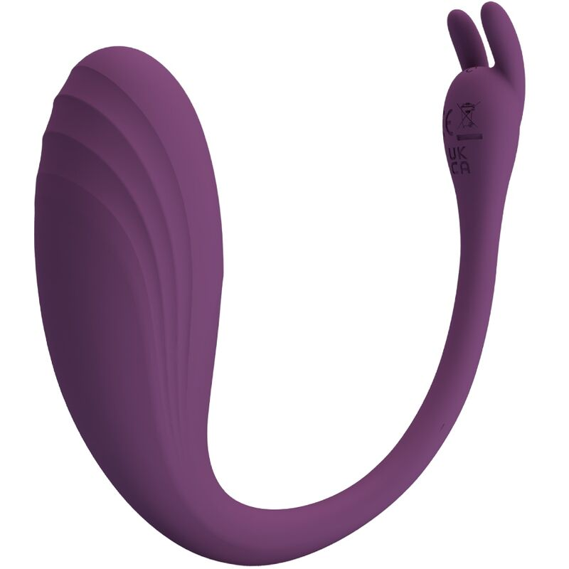 Un dispositivo de bienestar de silicona morada en forma de U con crestas y dos pequeñas protuberancias.