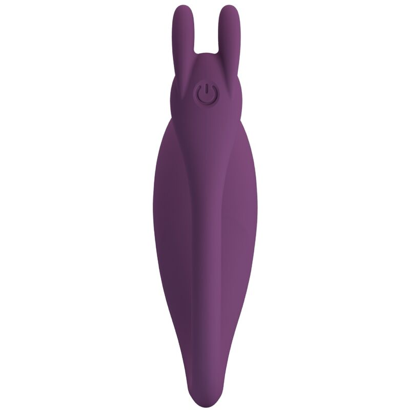 Dispositivo de bienestar morado en forma de lágrima con dos orejas y un botón de encendido.