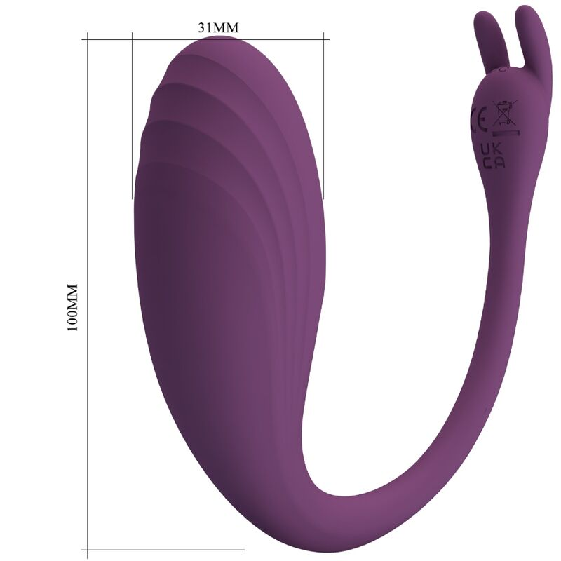 Dispositivo de bienestar en forma de U de color púrpura con dimensiones de 100 mm de altura y 31 mm de ancho.